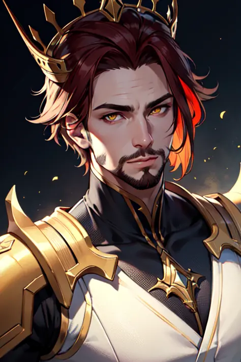 1boy, male focus, beard, stubble, facial hair, multicolored hair, crown, god, (masculine), red eyes,  (masterpiece, best quality...