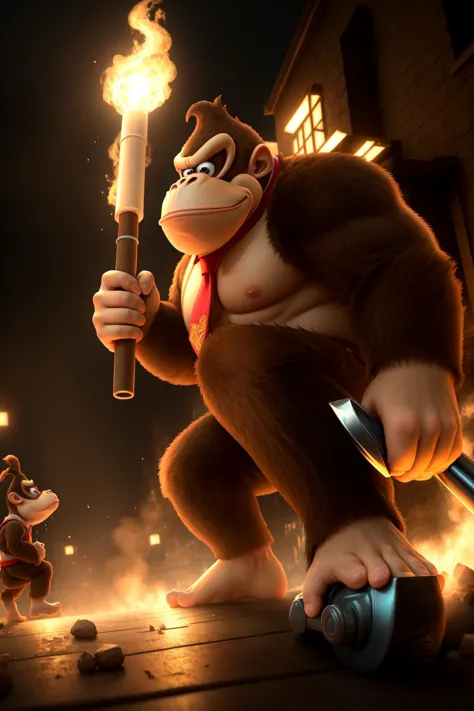 dkong, gravata,1 menino,macaco,Peludo, retrato cinematográfico de um Donkey Kong furioso segurando um martelo gigante e avançando para uma batalha épica com King K. Rolo, Escuro, apavorante, iluminação cinematográfica, dramático, hiper-detalhado,  , CGI, Realismo, RTX, iluminação dramática, Volumétrico Lighting, Volumétrico Light, Volumétrico, ((alta qualidade:1.2, obra de arte:1.2)), absurdos, Alta resolução, detalhes altos, detalhado e intrincado, detalhes intrincados, high detalhes intrincados, quantidade absurda de detalhes, (8K resolution), 8K, 8Kres, 8K res, super resolução, ultra hd, Megapixels, enquadramento de cena,