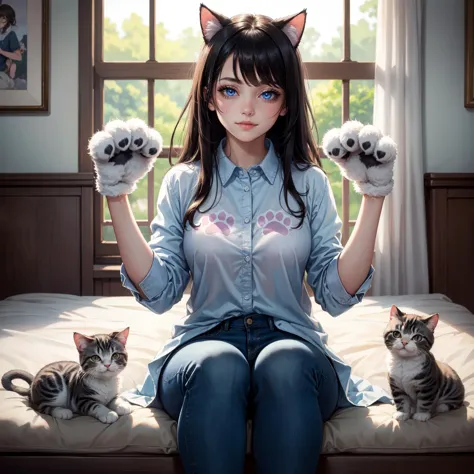 anime girl with cat ears sitting on a bed with two cats