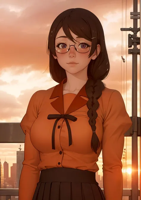 1girl, upper body portrait, standing, facing viewer,
<lora:HANEKAWA600:.7>  HANEKAWA600,1girl,blush, glasses,naoetsu_high_school_uniform,hairclip,braid, big breasts, hands behind back, eyes focused on viewer, romantic, in love, long hair
looking at viewer, blush, :3
architecture, bare tree, black border, bridge, building, car, chain-link fence, city, city lights, cityscape, cloud, cloudy sky, dusk, evening, fire, fireplace, gradient sky, house, lens flare, letterboxed, mountain, mountainous horizon,, orange sky, orange theme, outdoors, pillarboxed, power lines, purple sky, red sky, river, ruins, scarlet devil mansion, scenery, silhouette, sky, skyline, skyscraper, sun, sunrise, sunset, tower, tree, twilight, utility pole, water,, photorealistic, octane render, best quality, looking at viewer, looking down, sharp focus, (8k), (4k), (Masterpiece), (Best Quality), (realistic skin texture), extremely detailed, intricate, hyper detailed, , illustration, soft lighting, , high resolution, sharp detail,
beautiful, beautiful eyes, anatomically correct, extremely detailed eyes, RAW image, beautiful face, symmetrical eyes, symmetrical face, amazing lighting