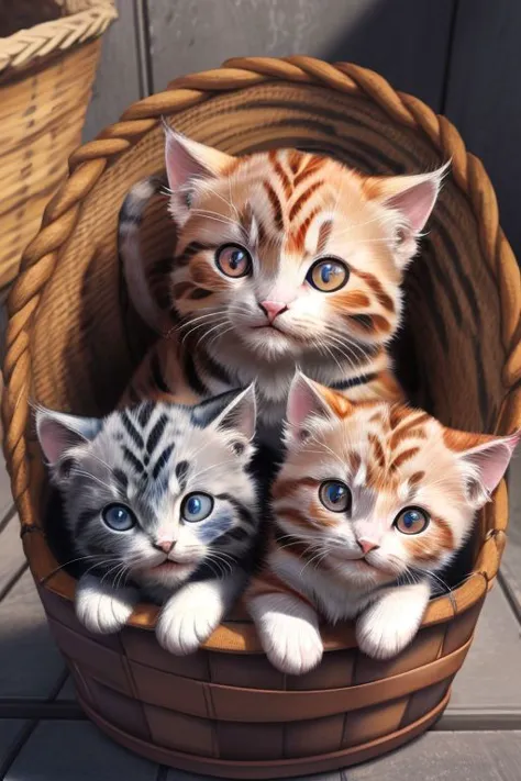 (large group of small cute colorful calico kittens in basket:1.5),
ultra wide angle shot, cinematic style, 8k, RAW photo, photo-realistic, masterpiece, best quality, absurdres, incredibly absurdres, huge filesize, extremely detailed, High quality texture, Cinematic Lighting, physically-based rendering, Ray tracing,
photorealistic, octane render, best quality, looking at viewer, looking down, sharp focus, (8k), (4k), (Masterpiece), (Best Quality), (realistic skin texture), extremely detailed, intricate, hyper detailed, illustration, soft lighting, high resolution, sharp detail,