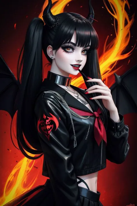 (SailorMoonGoth:1.2), (HellscapeV1:1.1), (succubus, succubus horns, succubus wings, glowing succubus tattoo, metal collar, facing viewer:1.4), (death metal goth, dark, death metal concert, death metal hair, meatballs twintails hairstyle, death metal clothes, fishnets, tattoo, piercings, chain accessories, navel piercing, death metal makeup, tramp tattoo, public tattoo, crazy smile, fire background, hellish background, :D, perfect teeth:1.3), (shiny glossy translucent clothing, gleaming oily latex fabric:1.1),
ultra wide angle shot, cinematic style, 8k, RAW photo, photo-realistic, masterpiece, best quality, absurdres, incredibly absurdres, huge filesize, extremely detailed, High quality texture, Cinematic Lighting, physically-based rendering, Ray tracing,
photorealistic, octane render, best quality, looking at viewer, looking down, sharp focus, (8k), (4k), (Masterpiece), (Best Quality), (realistic skin texture), extremely detailed, intricate, hyper detailed, illustration, soft lighting, high resolution, sharp detail,