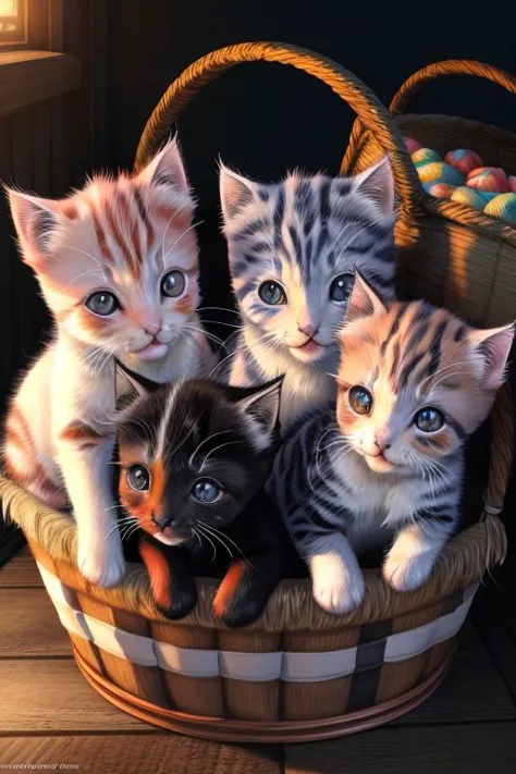 there are four kittens in a basket with a carrot in it