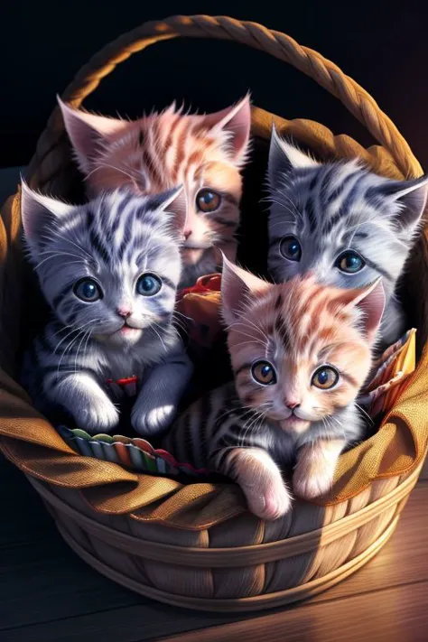 (large group of small cute colorful kittens in basket:1.5),
ultra wide angle shot, cinematic style, 8k, RAW photo, photo-realistic, masterpiece, best quality, absurdres, incredibly absurdres, huge filesize, extremely detailed, High quality texture, Cinematic Lighting, physically-based rendering, Ray tracing,
photorealistic, octane render, best quality, looking at viewer, looking down, sharp focus, (8k), (4k), (Masterpiece), (Best Quality), (realistic skin texture), extremely detailed, intricate, hyper detailed, illustration, soft lighting, high resolution, sharp detail,