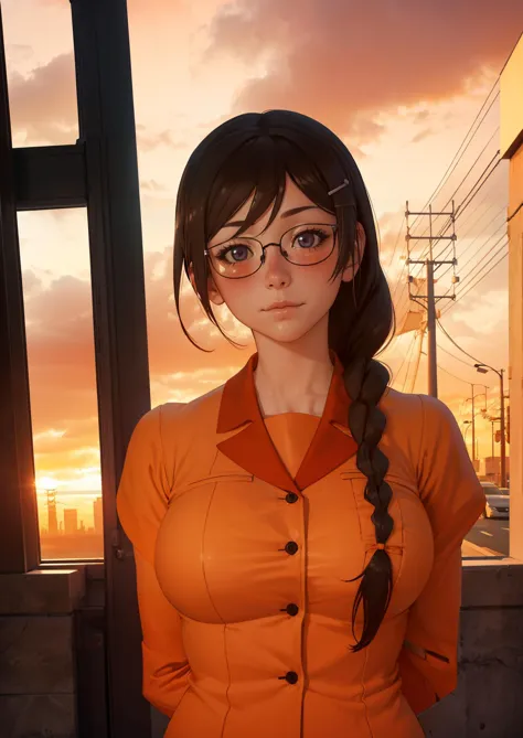 anime girl with glasses and orange shirt standing in front of a window