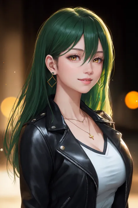 a woman with green hair and a black jacket