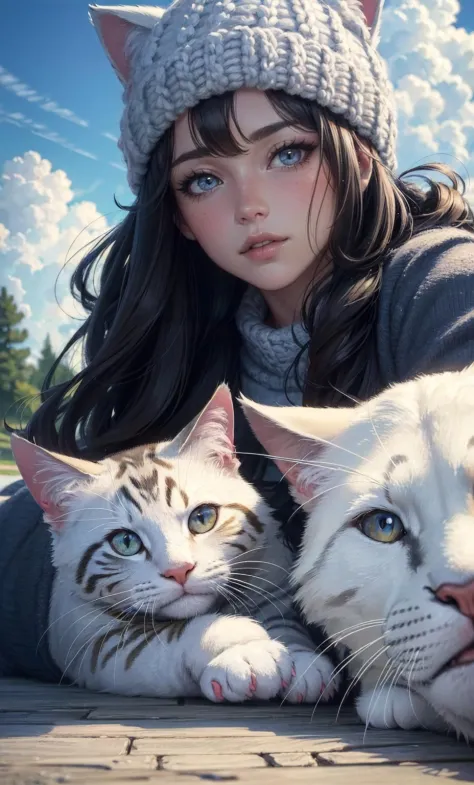 camp girl,cat knit cap,2 girl, animal cat, cat,, photorealistic, octane render, best quality, looking at viewer, looking down, s...
