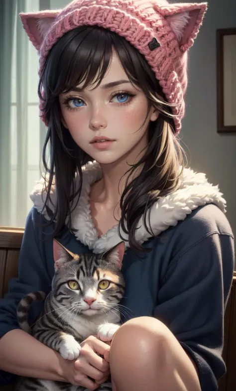 camp girl,cat knit cap,2 girl, animal cat, cat,, photorealistic, octane render, best quality, looking at viewer, looking down, s...