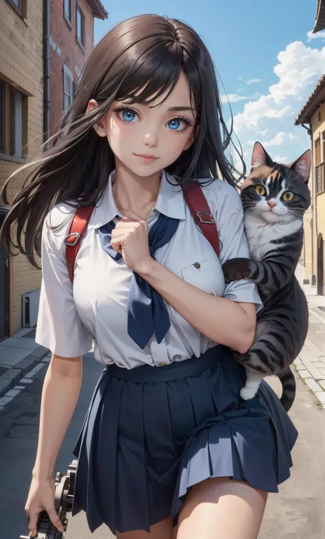 ((Top quality)),((masterpiece)),((perfect face)),((background blur)),((kawaii)), nsfw,
One schoolgirl, summer school uniform, A perfect Japanese sword, Japanese sword in each hand, Japanese sword in each hand, two sword license, long black hair, brown eyes, (beautiful eyes in detail).
A place in Europe in the 1600s, midnight, many cats on the street, about to fight to the death with cats, fired up, serious, fearless smile, cool, dynamic angle, ((kawaii)),
((heavy Gatling gun in tow)), close-up,, outdoor, blue sky, cloud day, day,