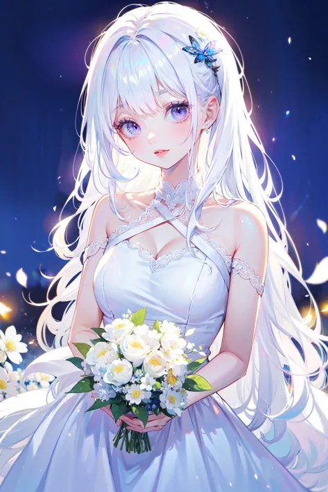 a woman in a wedding dress holding a bouquet of flowers