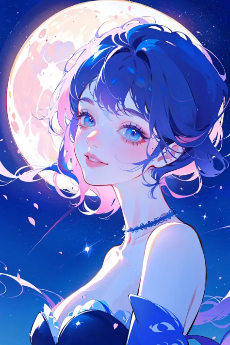 a woman with blue hair and a blue dress is standing in front of a full moon