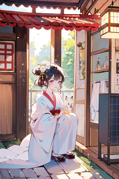 anime girl in kimono outfit sitting on the floor in front of a window