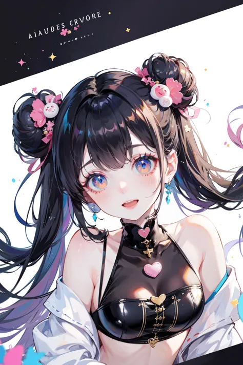 anime girl with long black hair and a black bra top