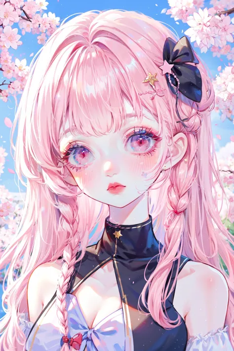 ((best quality, masterpiece, absurbres, super-resolution))1girl, Cherry blossoms, pink braided bangs, cute, kawaii, stars hair accessories, red eyes, pink blush