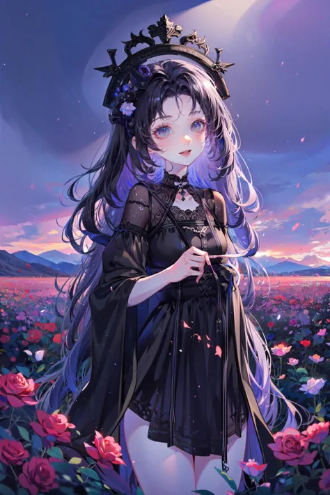 a girl in a black dress standing in a field of flowers