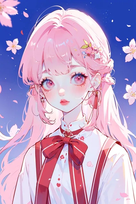 ((best quality, masterpiece, absurbres, super-resolution))1girl, Cherry blossoms, pink braided bangs, cute, kawaii, stars hair accessories, red eyes, pink blush