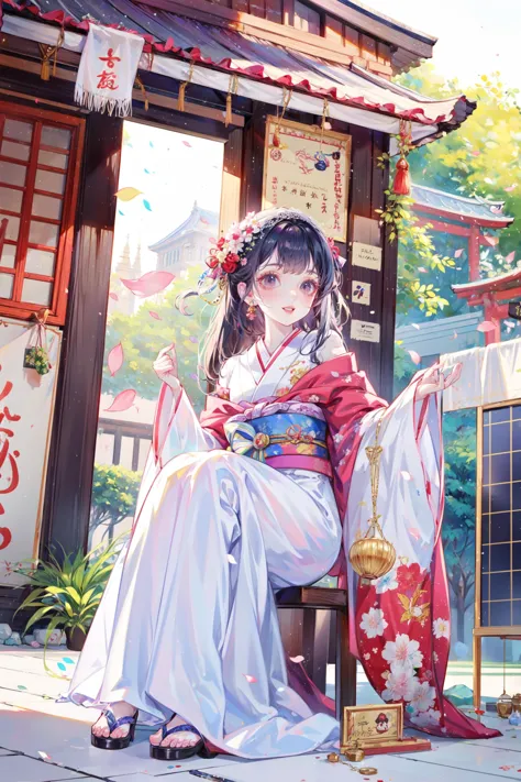 anime girl in kimono sitting on a bench in front of a building