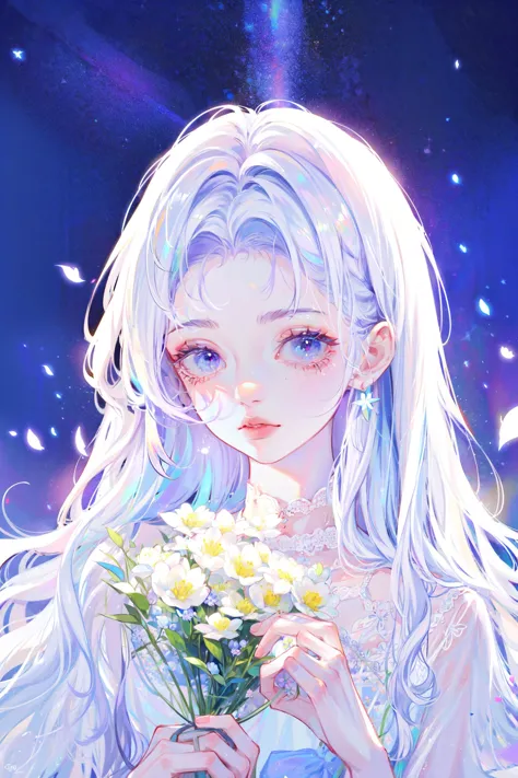 a girl with long white hair holding a bouquet of flowers