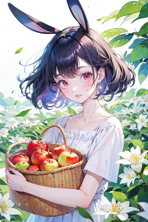 anime girl with bunny ears holding a basket of apples