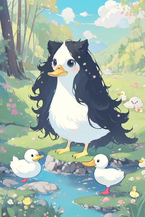 ((best quality, masterpiece, absurdres, super-resolution)),
comic,cute litter girl,animal duck,cute Duck,in the The Appalachian Trail,long wavy hair,black hair,graphic illustration,comic art,graphic novel art,vibrant,highly detailed,