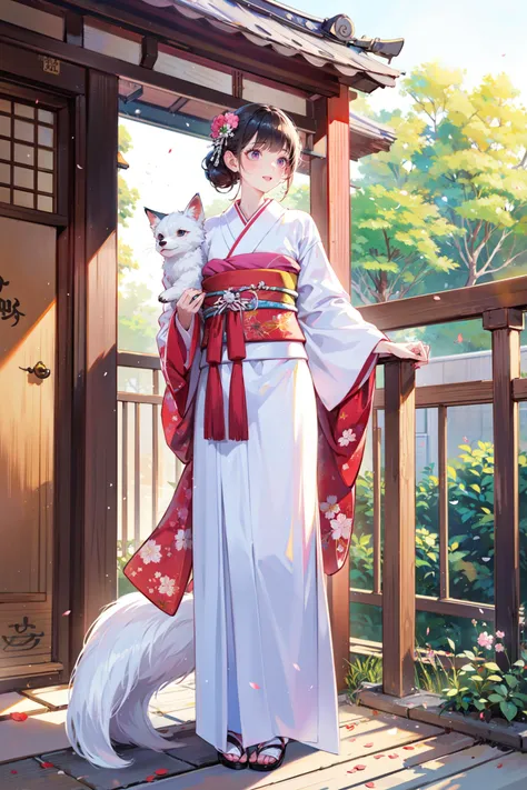 anime girl in kimono outfit holding a dog on a porch