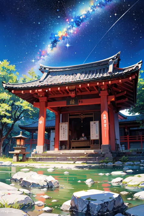 anime scenery of a japanese temple with a stream and a rainbow in the sky