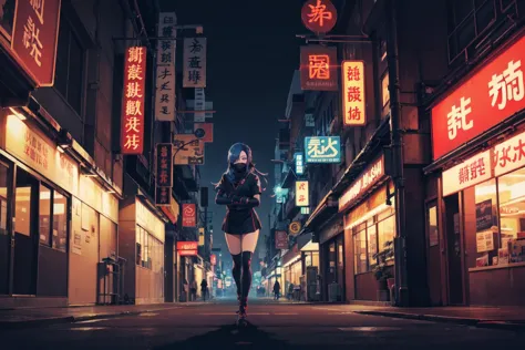 a woman in a short skirt walking down a street at night