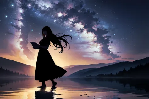 a woman standing on a beach looking at the stars in the sky