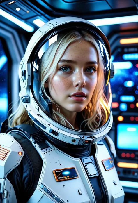 score_9, score_8_up, score_7_up,  Michael Bay movie (dramatic scene:1.2),Cinematic photo, a cute girl, 22 years old, blonde hair, (wearing high tech space suite), SciFi scene, pale skin, Porta 160 color, shot on ARRI ALEXA 65, bokeh, sharp focus on subject, highest details, photorealistic, high background details, foggy spaceship interior, high sci-fi cockpit details, action atmosphere, godrays, 8k, raytracing, <lora:Better_cleavage:0.5>, <lora:breastsizeslideroffset:-0.26>, ((detailed dramatic background)), <lora:anti_longtorso_v10:1>