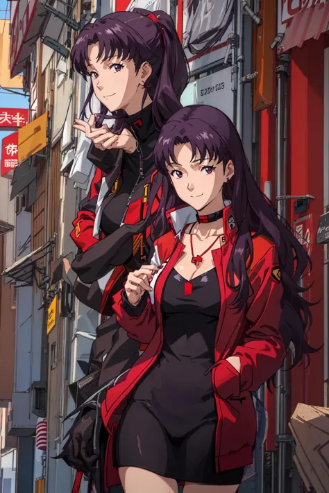 rebuild style, katsuragi misato, 1girl, brown eyes, purple hair, long hair, swiss cross, cross necklace, parted bangs, large breasts, red jacket, open jacket, miniskirt, black dress, (cropped jacket), earrings, closed mouth, smile, wind, looking at viewer, outdoors, cityscape, <lora:rebuildOfEvangelion_v4b-26:0.6>,