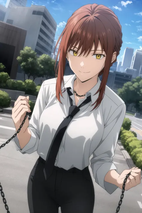 anime girl with red hair and tie holding a chain