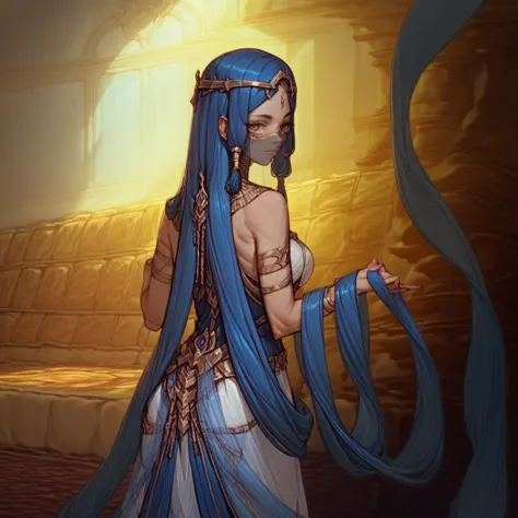 a close up of a woman with long blue hair and a blue dress