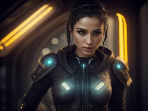 a woman in a futuristic suit with glowing eyes and a glowing chest