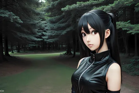 anime girl in black leather outfit standing in a forest