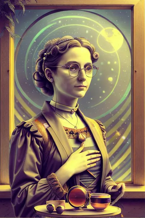 portrait, solarpunk aristocrat with glasses and mussed hair, earth in the window