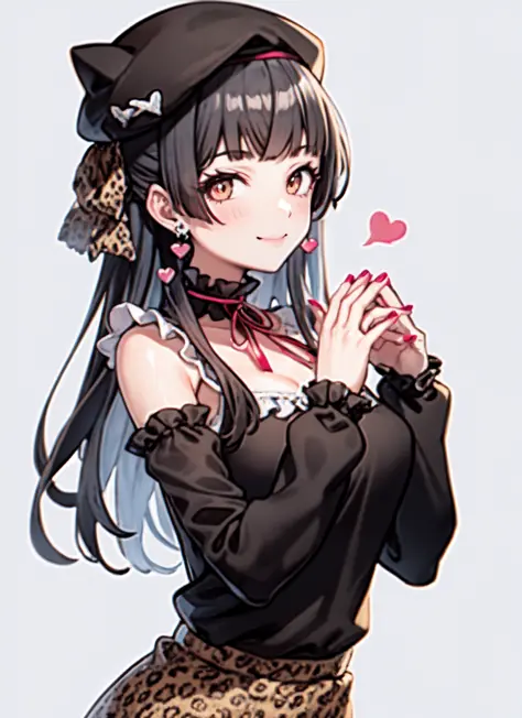 <lora:mayuzumi fuyuko:1>, mayuzumi fuyuko, 1girl, solo, black hair, hat, jewelry, long hair, looking at viewer, bangs, earrings,...