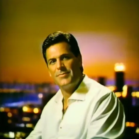 arafed man in white shirt sitting on a balcony with city lights in the background