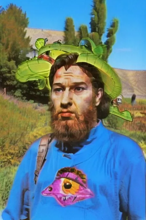 Weirdcore close-up of <ffurian> male character with beard, standing in  pink hills plants, 90VHS, (<ffurian> close-up, in blue c...