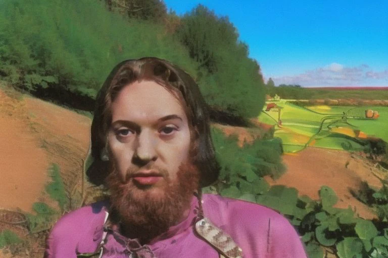 Weirdcore Fermer of male character with beard, debout dans les plantes des collines verdoyantes, 90 VHS, (Fermer, en vêtements roses 1.3),  ffurian regardant le spectateur (esthétique de l&#39;an 2000 0.8), style de peinture MS (temps ensoleillé 1.2), le film Matrix, rendu 3D, luxuriant, floraison, néon, demi-ster