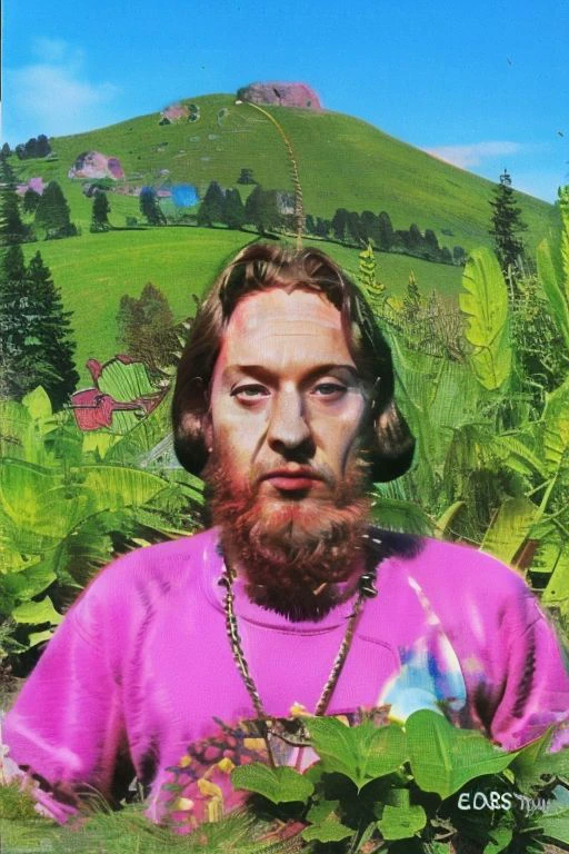 Weirdcore close-up of male character with beard, standing in green hills plants, 90VHS, (close-up, in pink clothing 1.3),  ffurian looking at viewer (y2k aesthetic 0.8), ms paint style (sunny weather 1.2), the matrix movie, 3d render, lush, bloom, neon, half0ster