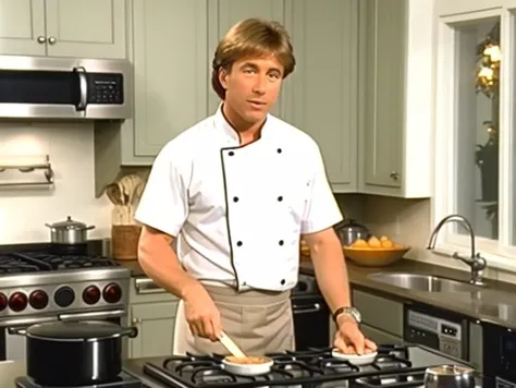 arafed man in a chef's uniform preparing food in a kitchen