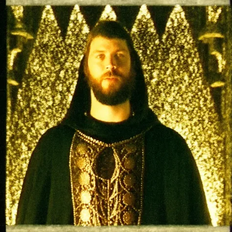 arafed man in a black and gold outfit standing in front of a gold background