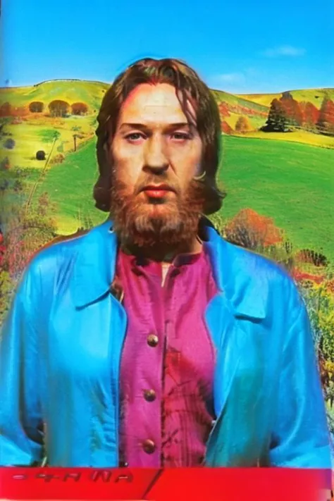 Weirdcore close-up of <ffurian> male character with beard, standing in  pink hills plants, 90VHS, (<ffurian> close-up, in blue c...