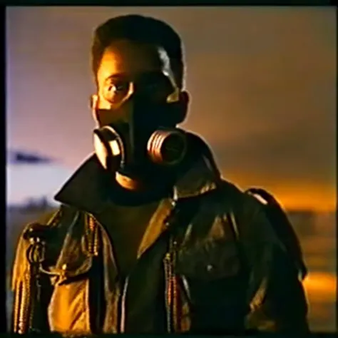 a close up of a man wearing a gas mask and jacket