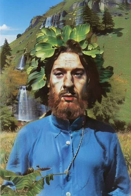 Weirdcore Fermer of male character with beard, debout dans les plantes des collines verdoyantes, 90 VHS, (Fermer, en vêtements bleus 1.3),  ffurian regardant le spectateur (esthétique de l&#39;an 2000 0.8), style de peinture MS (temps ensoleillé 1.2), le film Matrix, rendu 3D, Luxuriant, floraison, néon, demi-ster