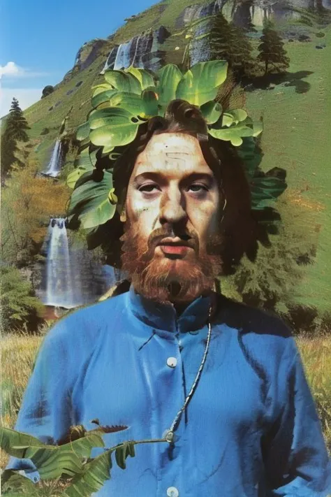 Weirdcore close-up of <ffurian> male character with beard, standing in green hills plants, 90VHS, (<ffurian> close-up, in blue c...
