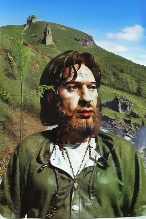 Weirdcore close-up of <ffurian> male character with beard, standing in green hills plants, 90VHS, (<ffurian> close-up, in german...