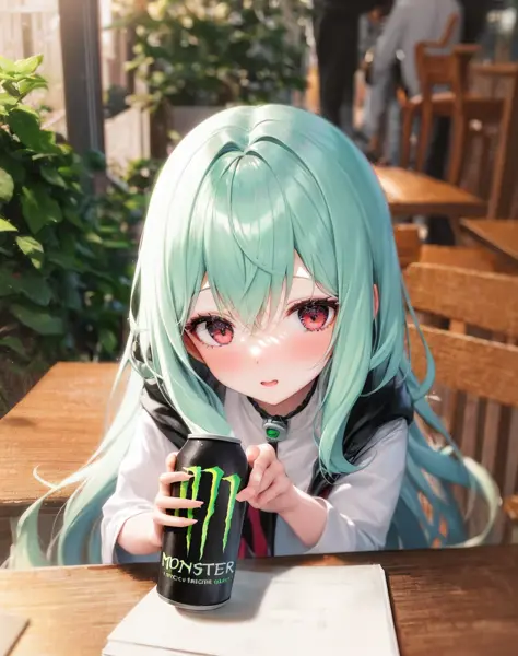 1girl, chibi,  holding monster energy,  monster energy, focus monster energy, <lora:my_lora_monstereenergy_v2:0.5>