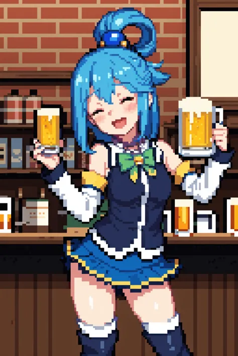 (masterpiece, best quality:1.2),  <lora:Aqua:1>, 1girl, blue hair, tavern, hair hair ornament,  holding mug, drunk, closed eyes,...