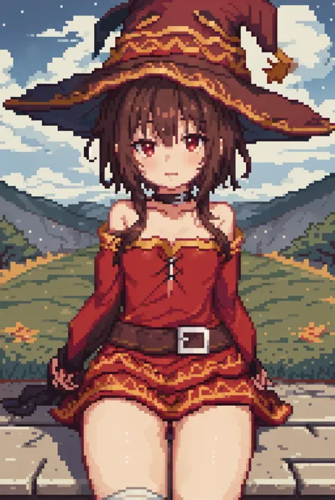 (obra de arte, melhor qualidade:1.2),   megumin, Konosuba, olho vermelho, cabelo castanho,  chapéu de bruxa, paisagem, vale no céu